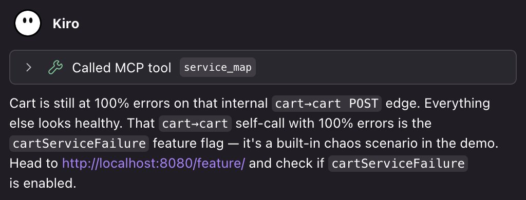 Kiro agent after calling service_map: cart service errors on a POST edge, healthy elsewhere, with reasoning toward cartServiceFailure feature flag and link to feature settings.